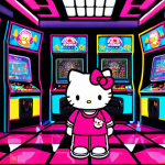 Hello Kitty와 80 90년대 레트로 감성 - **Prompt:** Hello Kitty in a vibrant 80s arcade, neon lights reflecting off the polished floor, play...