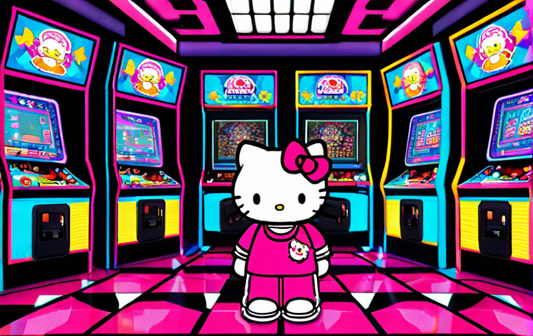 Hello Kitty와 80 90년대 레트로 감성 - **Prompt:** Hello Kitty in a vibrant 80s arcade, neon lights reflecting off the polished floor, play...
