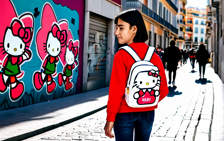 Hello Kitty와 80 90년대 레트로 감성 - **Prompt:** Hello Kitty in a vibrant 80s arcade, neon lights reflecting off the polished floor, play...