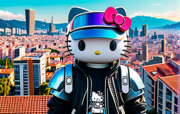 Hello Kitty와 80 90년대 레트로 감성 - **Prompt:** A modern Spanish teenager with a Hello Kitty backpack walking down a bustling street in ...