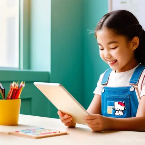 산리오와 어린이 교육 콘텐츠 - A cheerful and bright scene featuring Hello Kitty and a young child (around 6-8 years old) in a cozy...