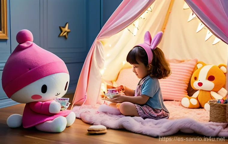 산리오와 어린이 교육 콘텐츠 - A cheerful and bright scene featuring Hello Kitty and a young child (around 6-8 years old) in a cozy...