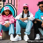 Hello Kitty 제품의 주요 소비층 - A vibrant urban streetwear scene featuring a diverse group of young adults wearing stylish Hello Kit...