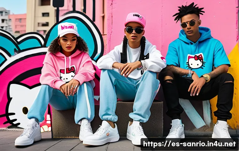 Hello Kitty 제품의 주요 소비층 - A vibrant urban streetwear scene featuring a diverse group of young adults wearing stylish Hello Kit...