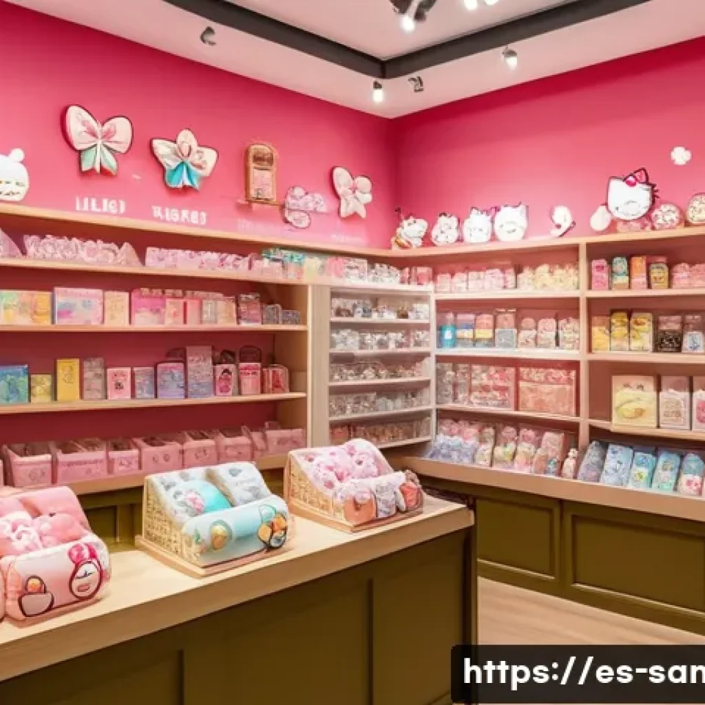 산리오 상품 구매를 위한 할인 팁 - A cozy, small boutique shop interior in Spain specializing in kawaii and Japanese collectibles, brig...