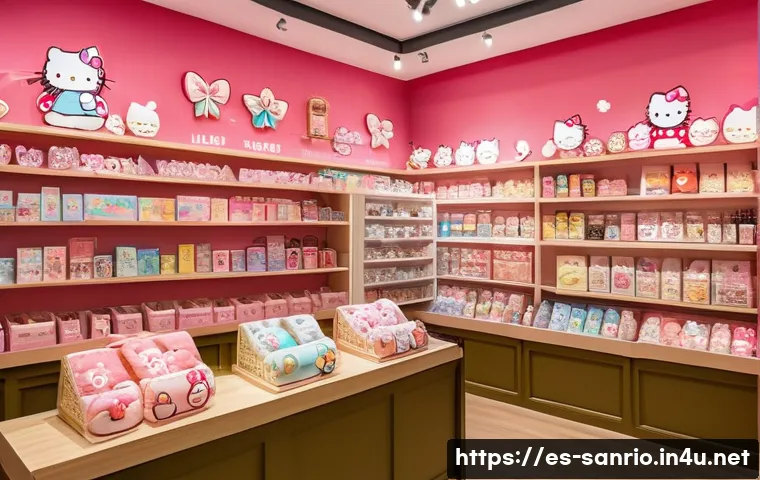 산리오 상품 구매를 위한 할인 팁 - A cozy, small boutique shop interior in Spain specializing in kawaii and Japanese collectibles, brig...