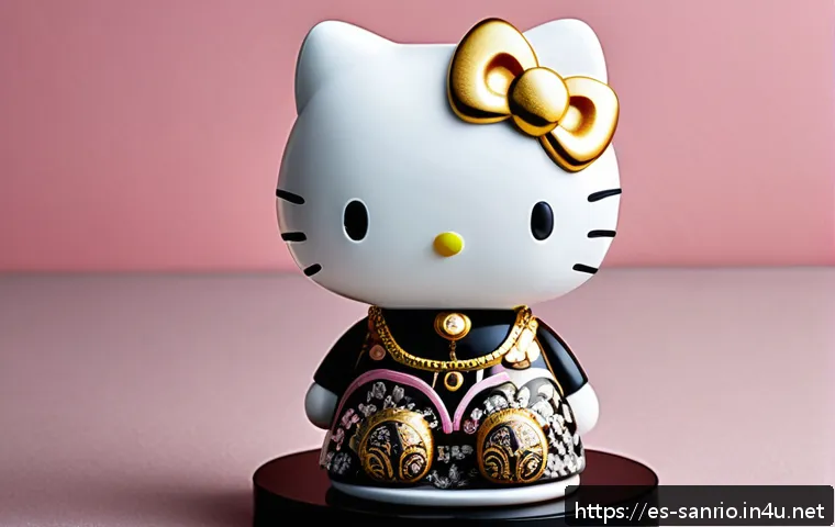 산리오와 한정판 굿즈의 경제적 가치 - A high-detail collectible figurine of Hello Kitty in a limited edition style, standing on a glossy b...