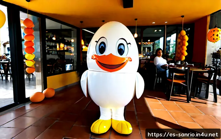 Home 17 구데타마를 활용한 마케팅 사례 - Photorealistic marketing activation in a sunny Mexico City café, a large cute lazy egg-yolk mascot c...